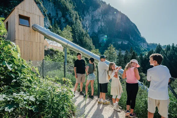 Kinder stehen am Zaun bei einer Berghütte mit Metallrutsche im alpinen Wald